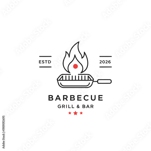 Barbecue Grill & Bar Logo With Flame Pan Icon and ESTD 2026 Badge.