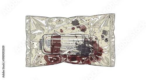 Blood vial in evidence bag with stains, forensic science illustration