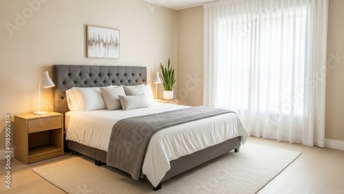 A serene bedroom with a neatly made bed, nightstand, and a large window with sheer curtains