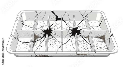 Broken white plastic tray with soil, cracked compartments, isolated on white background