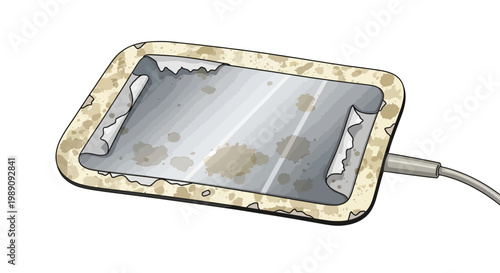 Broken smartphone screen, cracked glass, dirty, charging cable attached.