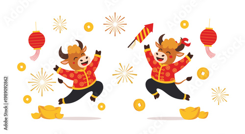 Two happy cartoon oxen wearing traditional red Chinese costumes jumping with joy among gold coins, lanterns, and firecrackers.