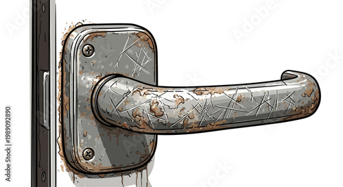Close-up of a weathered, rusty door handle with scratches on white background