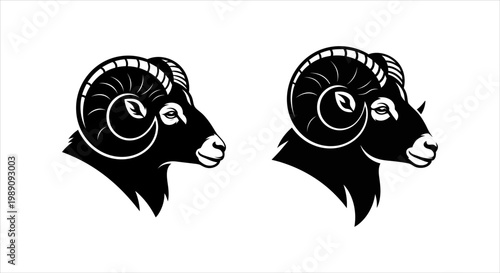 Black and white ram heads, iconic profile view, symbolizing strength and leadership