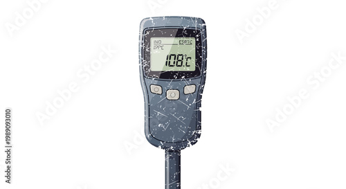 Digital thermometer showing 108 degrees Celsius with a cracked screen
