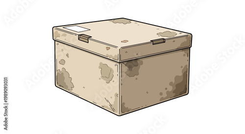 Dirty, Worn Cardboard Box with Lid, Isolated on White Background