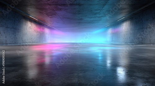 Fluorescent lights illuminate a vast, empty, reflective concrete room with colorful glow.