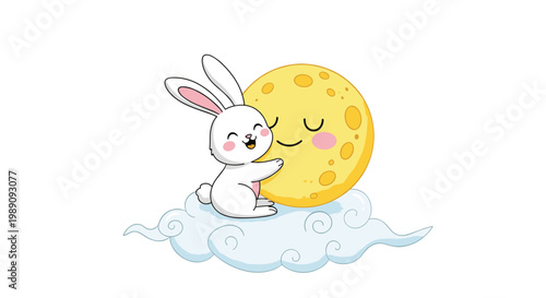 Adorable white rabbit hugging a friendly yellow moon while sitting on a soft blue cloud against a white background.