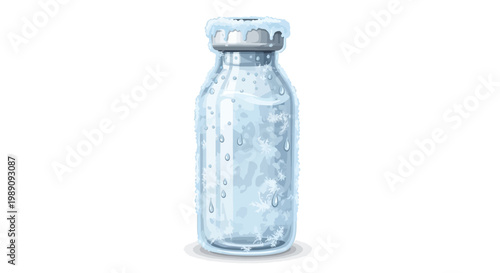 Frozen glass vial with liquid, ice crystals, medical or scientific concept