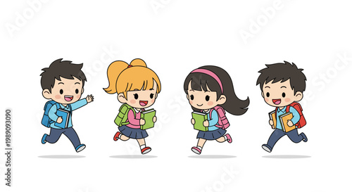 Group of four happy school children carrying backpacks and books while running to class together with excitement.