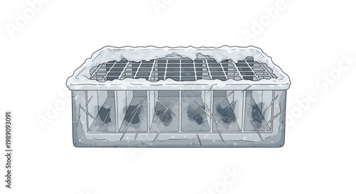 Frozen window well with snow and ice, broken glass