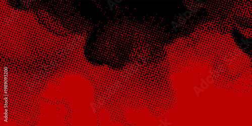 Abstract red and black halftone background with distressed dots and grunge texture. Bold vector illustration for comic book, action poster, urban streetwear, and edgy graphic design.