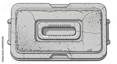 Retro futuristic container, worn metal box with handle, sci-fi storage case