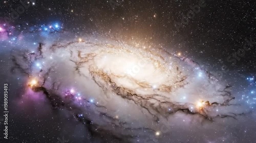 A vibrant galaxy with stars and nebulae swirls through the cosmos in space.