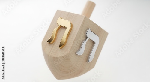 Close-up of a wooden dreidel featuring elegant gold and silver Hebrew letters on a clean white