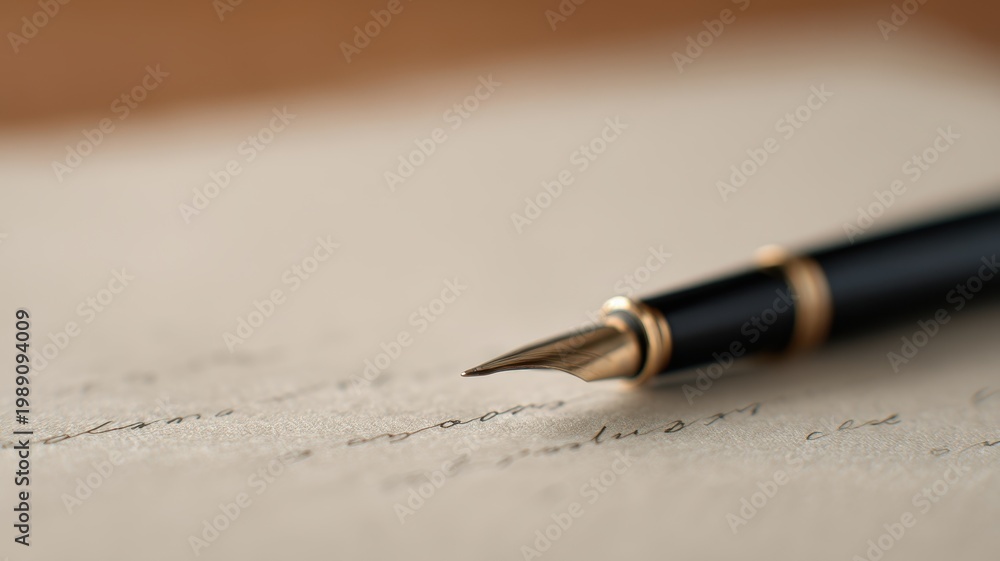 Fototapeta premium Pen Handwriting Branding concept. Close-up of a fountain pen writing on textured paper surface