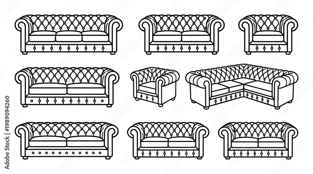 Fototapeta premium Nine chesterfield sofas and chairs in outline icon set with transparent background for luxury interiors.