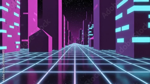A futuristic cityscape features neon-lit skyscrapers and a grid road at night.