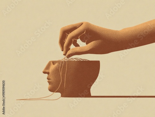 Conceptual Illustration of a Hand Manipulating Thoughts Inside a Human Head Silhouette.