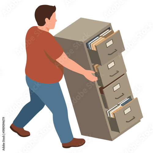 Man pulling out files from a large filing cabinet drawer in office