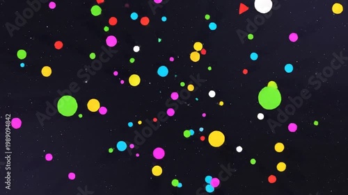 Vibrant colorful confetti particles are scattered across a dark background.
