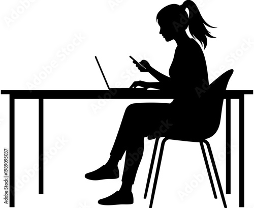 Woman silhouette sitting at desk using laptop and smartphone multitasking in office workplace isolated on white background for business concept.
