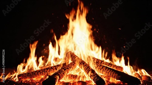 A roaring fire burns brightly in the dark with flames engulfing logs.