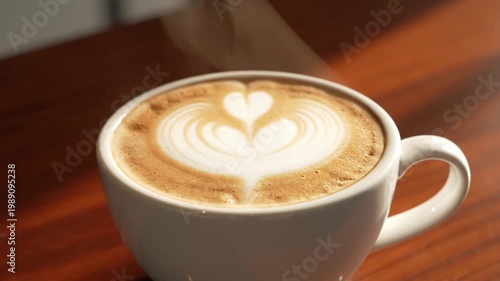 A steaming cup of latte with heart design sits on a wooden table indoors.