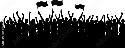 Large crowd of people silhouette cheering with hands raised and waving flags for revolution protest celebration and sporting event victory.