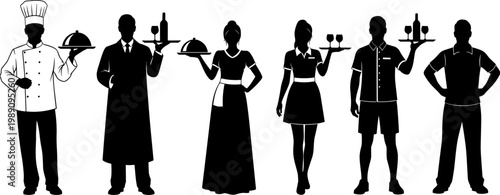 Professional restaurant staff silhouettes including chef waiter and waitress serving food and drinks isolated on white background for catering service vector.