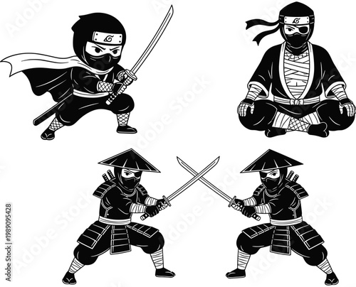 Black and white ninja and samurai warrior vector character set featuring katana swords and traditional armor isolated on white background.
