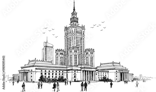 Palace of Culture and Science Warsaw Poland landmark architecture hand drawn black and white vector illustration isolated on white background.