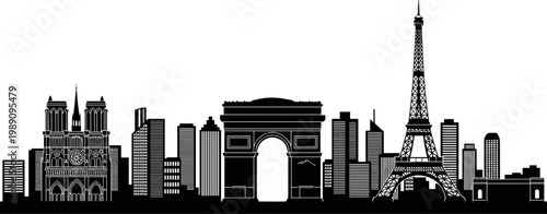 Black silhouette of Paris city skyline featuring Eiffel Tower, Arc de Triomphe, Notre Dame Cathedral and urban buildings on white background.