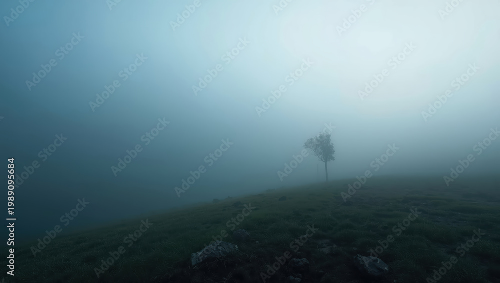 Fototapeta premium Misty lone tree on foggy hillside with muted blue light and moody atmosphere