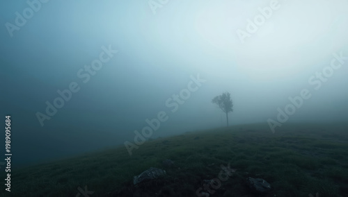 Misty lone tree on foggy hillside with muted blue light and moody atmosphere