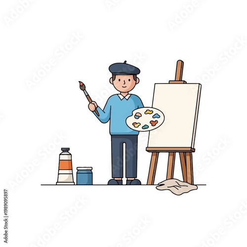 Artist holding paintbrush and palette standing by easel with paints.