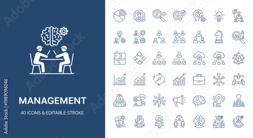 Comprehensive collection of business management line icons depicting strategy, leadership, analytics, and growth concepts for various corporate applications and digital interfaces