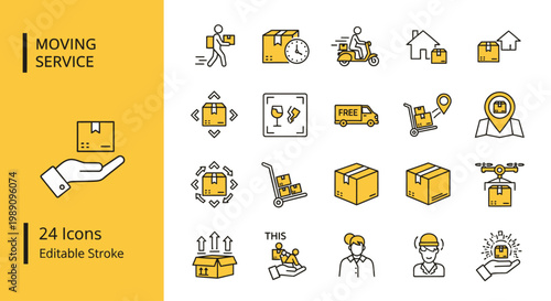 Moving Service Icon Set - A Collection of 24 Icons Representing Logistics, Delivery, and Relocation Services
