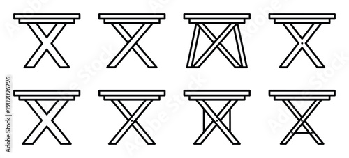 Various folding and portable tables X-shaped legs furniture outline icons transparent background vector.