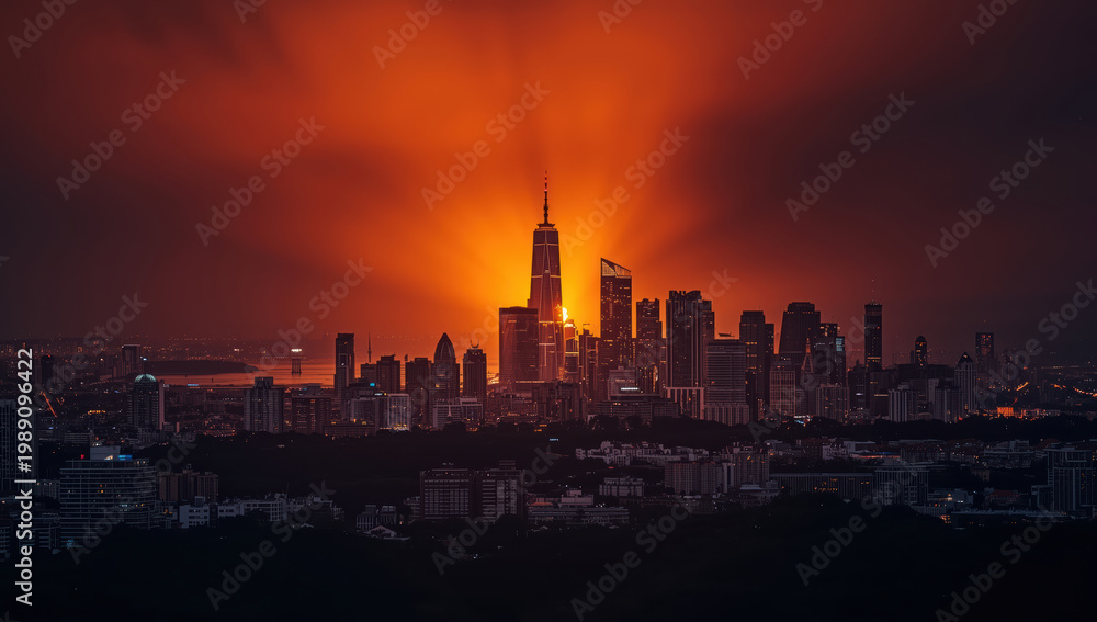 Naklejka premium City skyline sunset with dramatic orange backlight and glowing tower