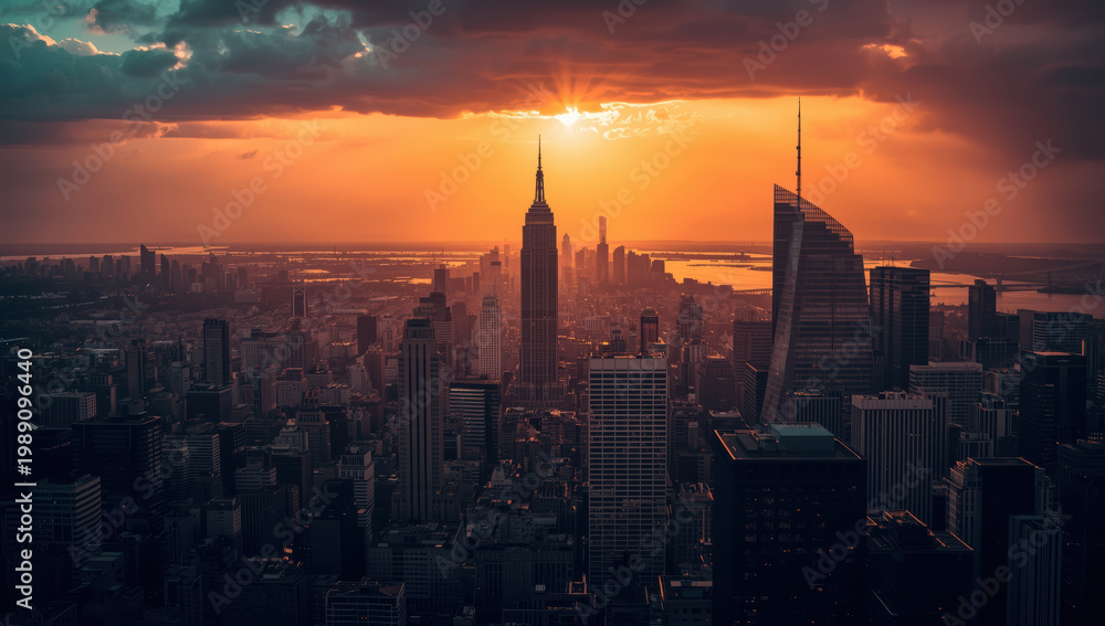 Fototapeta premium Sunset city skyline with dramatic golden light and cinematic clouds