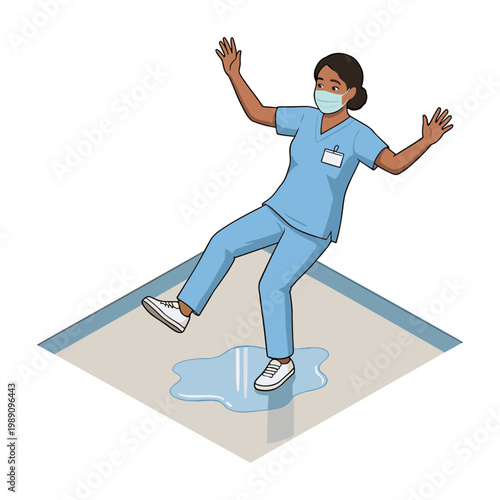 A healthcare worker wearing a mask and scrubs slips on a wet floor in a hospital.