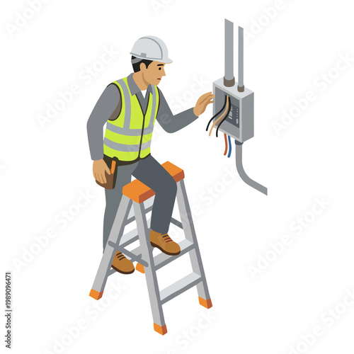 A worker in a hard hat and vest works on electrical wires on a ladder.