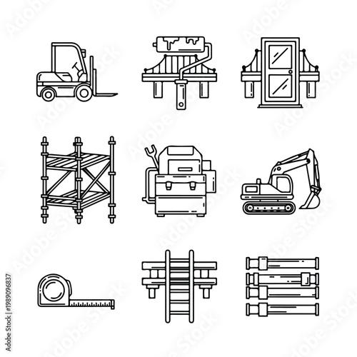 This image features nine minimalist black line icons representing various construction equipment, tools, and structural elements on a white background.