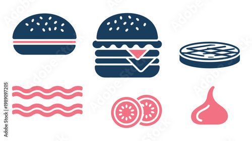 Flat icons with burgers, fries, and snack items, collection of fast food symbols including burgers, French fries, drinks, and snacks, clean vector illustration
