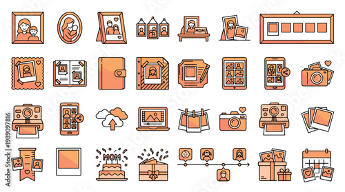 Vector icons set Mother's Day photo and memory preservation themed