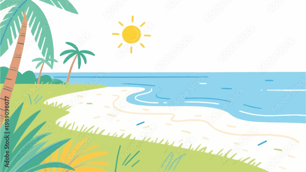 Fototapeta premium Tropical beach background with palm trees and leaves