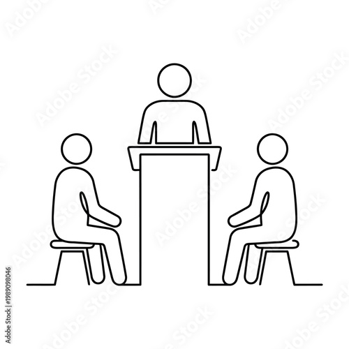 Minimalist Continuous Line Art Illustration of a Speaker at a Podium Addressing a Small Audience for Business and Educational Presentations
