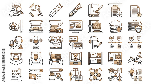 Vector icons set historical preservation and archival work themed