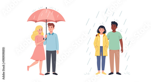 Couple sharing an umbrella in the rain, and another couple standing in the rain